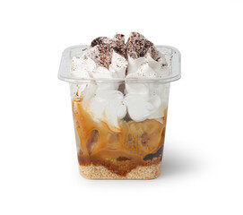 Banana coffee pudding with caramelize bananas isolated on white background with clipping path.