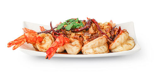 Fried Shrimp with tamarind sauce isolated on white background with clipping path, Thai food.