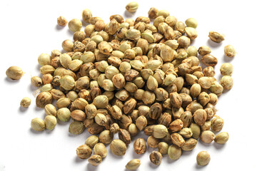 Hemp seeds Cannabis Seed marijuana seed isolated on white background with clipping path.