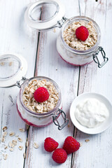 oatmeal with raspberry mousse in a jar