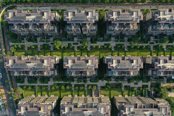 Fototapeta na wymiar Aerial top view of modern European townhouse buildings in China