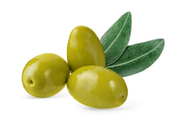 Green olives with green leaves isolated on white background with clipping path.