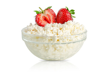 Cottage or curd cheese with strawberries , ogranic homemade dairy product. Isolated on white.