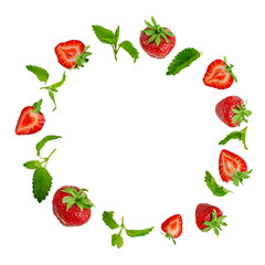Round frame of strawberries and mint leaves isolated on white. Mockup, top view