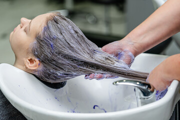 Set of hair dyeing process. Hair stylist applying purple shampoo after hair bleaching.
