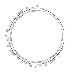 Abstract Black Simple Line Round Circle With Leaf Leaves Frame Flowers Doodle Outline Element Vector Design Style Sketch Isolated Illustration For Wedding And Banner