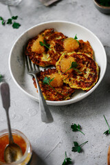 Zucchini pancakes with pike caviar