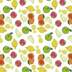 Fruits bright pattern, repeat tile with apple, lemon, pear and orange 