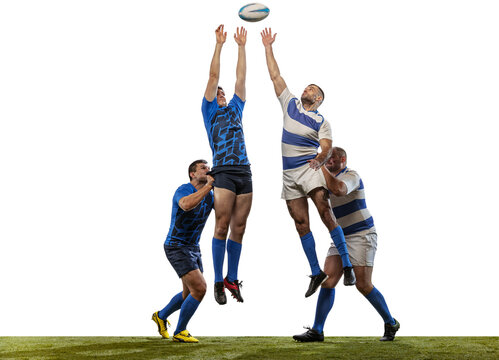 Sportive Men, Professional Rugby Players Playing Rugby Football On Grass Field Isolated On White Background. Sport, Activity, Health, Hobby, Occupations Concept