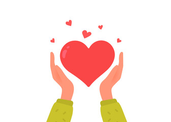 Vector kindness donation and charity illustration with red shape heart on white color background. Human hand care of heart form. Flat style romantic design of sharing love