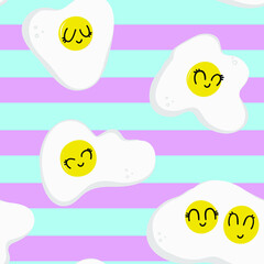 Fry eggs seamless pattern. Breakfast food illustration. Endless egg print for kid textile, wrapping paper. 