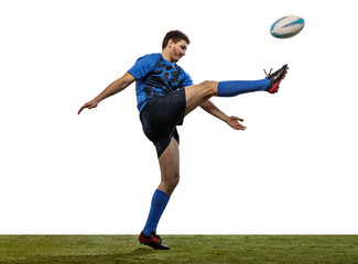 Professional rugby player wearinf blue sports uniform kicks ball isolated on white background. An incredible strain of all forces. Conversion goal © master1305