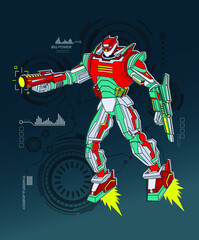 Red and green fly cartoon vector robot. Robotical men with weapon on technology background. Cyborg illustration