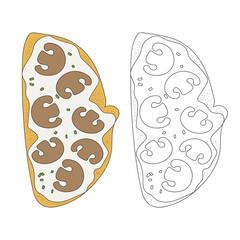 a piece of bread spread with avocado or butter, slices of champignons and green onions. simple vector illustration in doodle style on white background isolate. flat style. color version and coloring