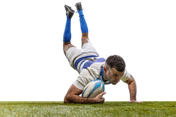 In action. Male rugby player catching ball in jump isolated on white background. Jump and action...