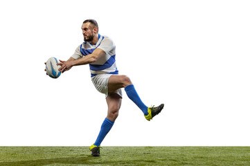 Fast forward. Male rugby player catching ball in jump isolated on white background. Jump and action...