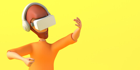 Portrait of man using virtual reality headset on yellow background. Copy space. 3D illustration. Cartoon.