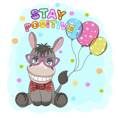 Cute smiling cartoon donkey in glasses. Greeting card.