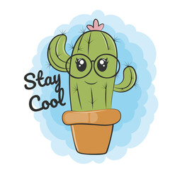 Cute funny cartoon cactus in sunglasses. Greeting card.