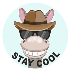 Happy smiling cartoon donkey in a hat and sunglasses.