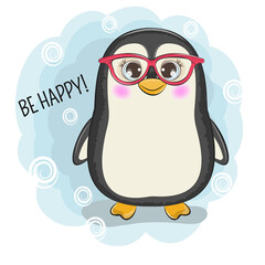 Cute happy cartoon baby penguin in a sunglasses.