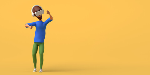 Man using virtual reality headset on yellow background. Copy space. 3D illustration. Cartoon.