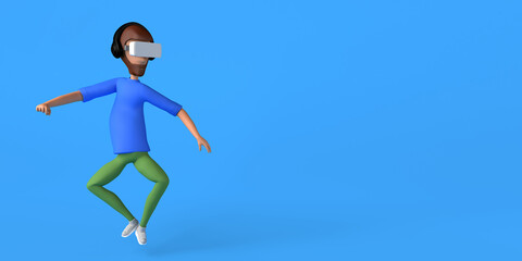 Man floating using virtual reality headset on blue background. Copy space. 3D illustration. Cartoon.