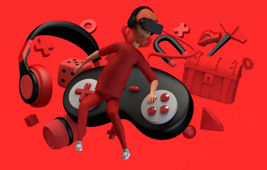 Man playing with virtual reality headset on green background with elements of online games. Copy space. 3D illustration. Cartoon.