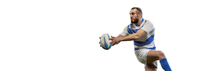Fast forward. Male rugby player catching ball in jump isolated on white background. Jump and action concept. an incredible strain of all forces