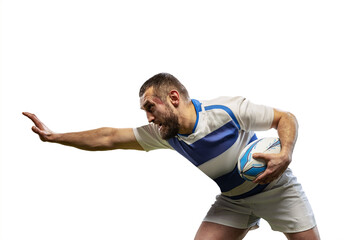Defensive play. One male rugby players playing rugby football isolated on white background. Sport, activity, health, hobby, occupations concept