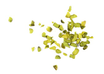 Pistachios chopped pile isolated on white, top view