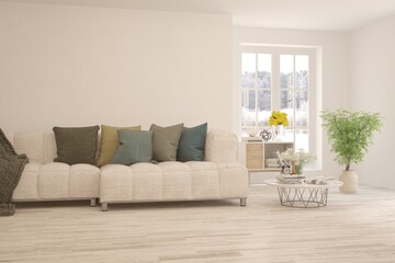 Stylish room in white color with sofa and winter landscape in window. Scandinavian interior design. 3D illustration