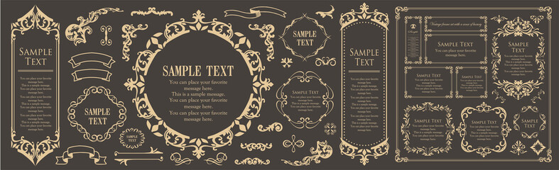 春の植物モチーフのフレームセット。ビンテージフラワー。装飾デザイン。流行りのあしらい	