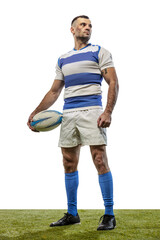Portrait of serious man, rugby player posing with ball isolated on white background. Concept of action, motion, sport, hobby, ahievements © master1305