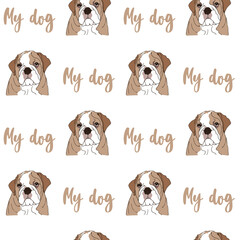English Bulldog vector seamless pattern, background with sketch of a dog