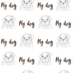English Bulldog vector seamless pattern, background with sketch of a dog