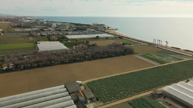 Aerial view with drone of Pineda de Mar and Malgrat de Mar beach in Barcelona Spain Costa del Maresme cultivation fields with greenhouses beachfront