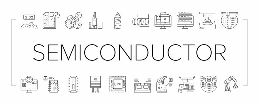 Semiconductor Manufacturing Plant Icons Set Vector .