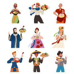 Gastronomic Tourism with People Character Holding Authentic Dish of Native Cuisine Vector Illustration Set