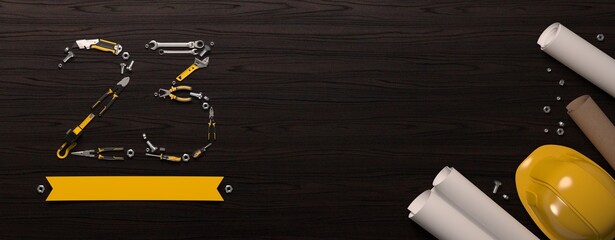 23 made of construction tools set. Creative template for the February 23 (Fatherland Defender Day) greeting card or banner.