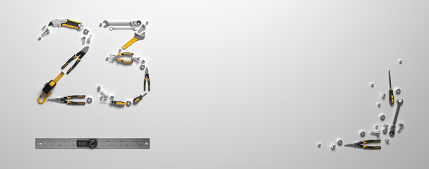 23 made of construction tools set. Creative template for the February 23 (Fatherland Defender Day) greeting card or banner.