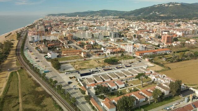 Pineda de Mar in Barcelona's Maresme beach drone aerial view in winter without people