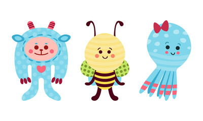 Fluffy Toy Sewn from Textile and Stuffed with Flexible Material for Kids Vector Set