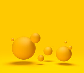 Fondo amarillo y naranja minimalista abstracto con bolas y espacio vacío.Ilustración 3d. Esferas rebotando en un fondo amarillo pastel suave.