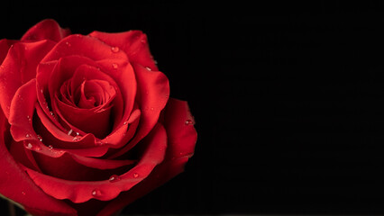 Red rose with water droplets. Black background, copy space on right.