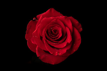 Fototapeta premium Red rose with water droplets on petals, isolated on black.