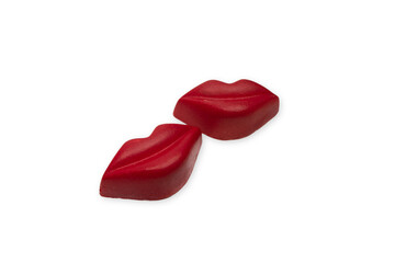 Red lips candy chocolate on a white background.