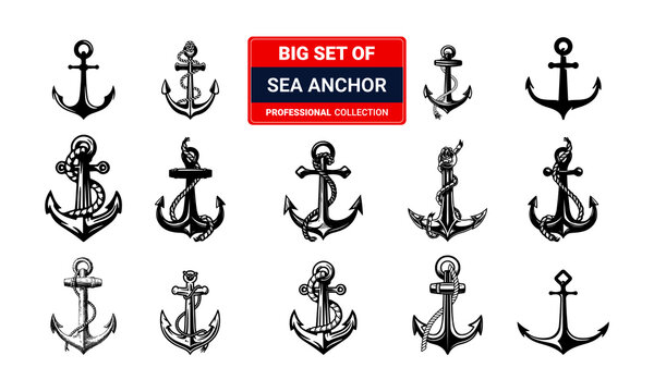  Set of vintage sketch hand drawn style sea anchor symbol set isolated on white background vector illustration 03. 