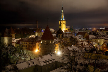 Tallinn old town at night. Capital of Estonia winter panorama.