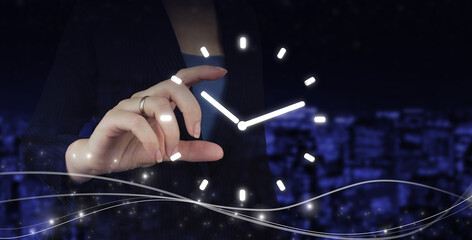 Time Management Duration Interval Graphic Concept. Hand hold digital hologram clock sign on city...